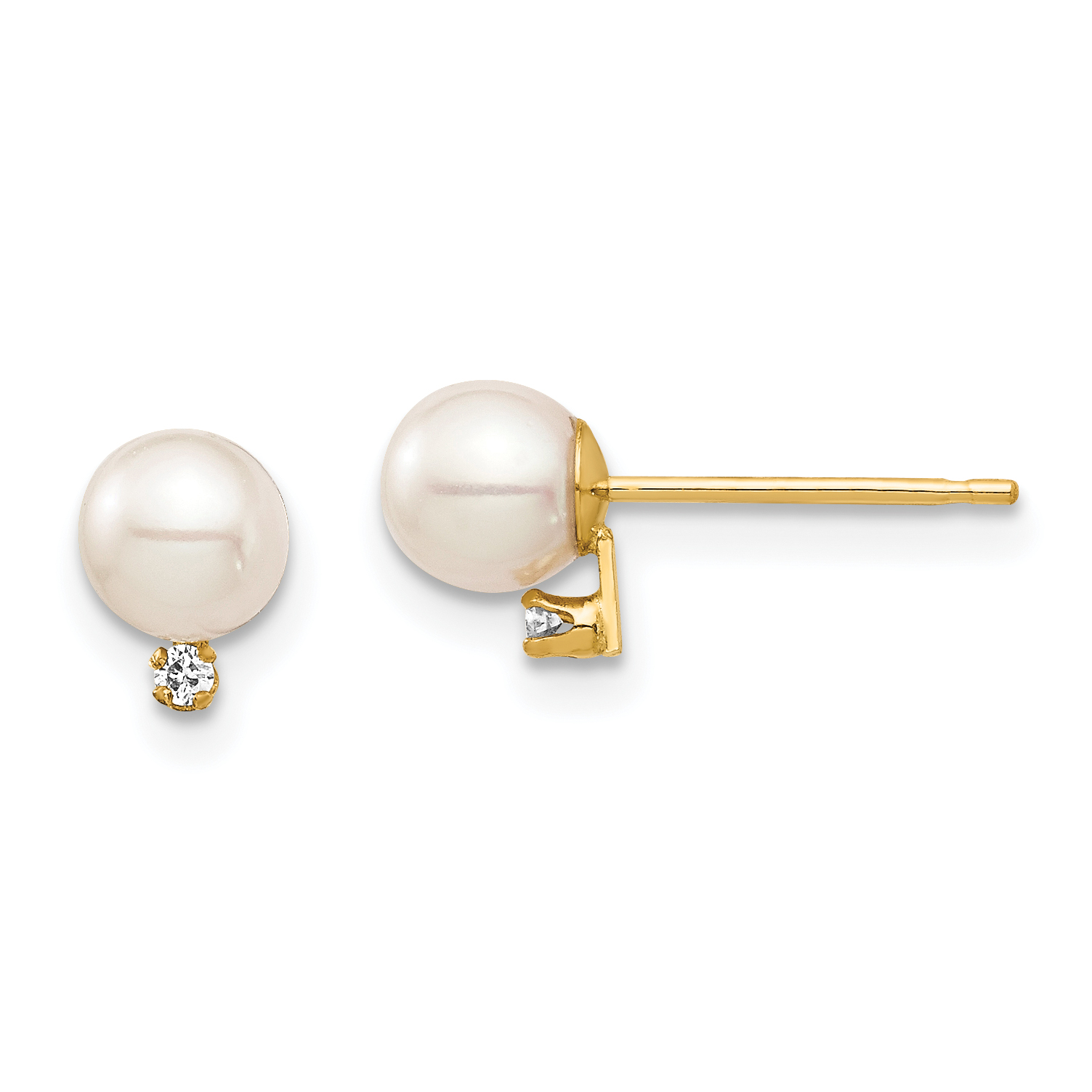 14k Madi K 4-5mm White Round Freshwater Cultured Pearl and .02 Carat Diamond Post Earrings with Silicone Backs (SE2942)