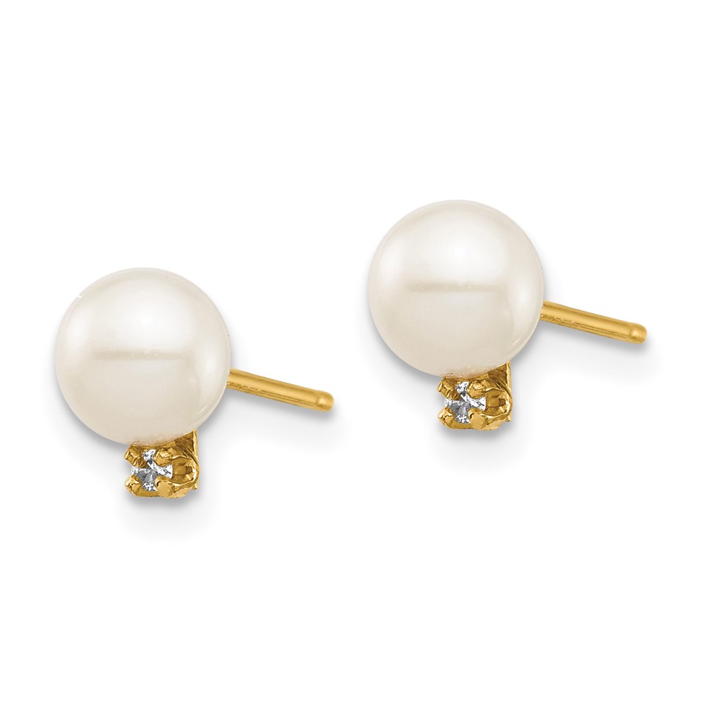 14k Madi K 5-6mm White Round Freshwater Cultured Pearl and .02 Carat Diamond Post Earrings with Silicone Backs (SE2943)