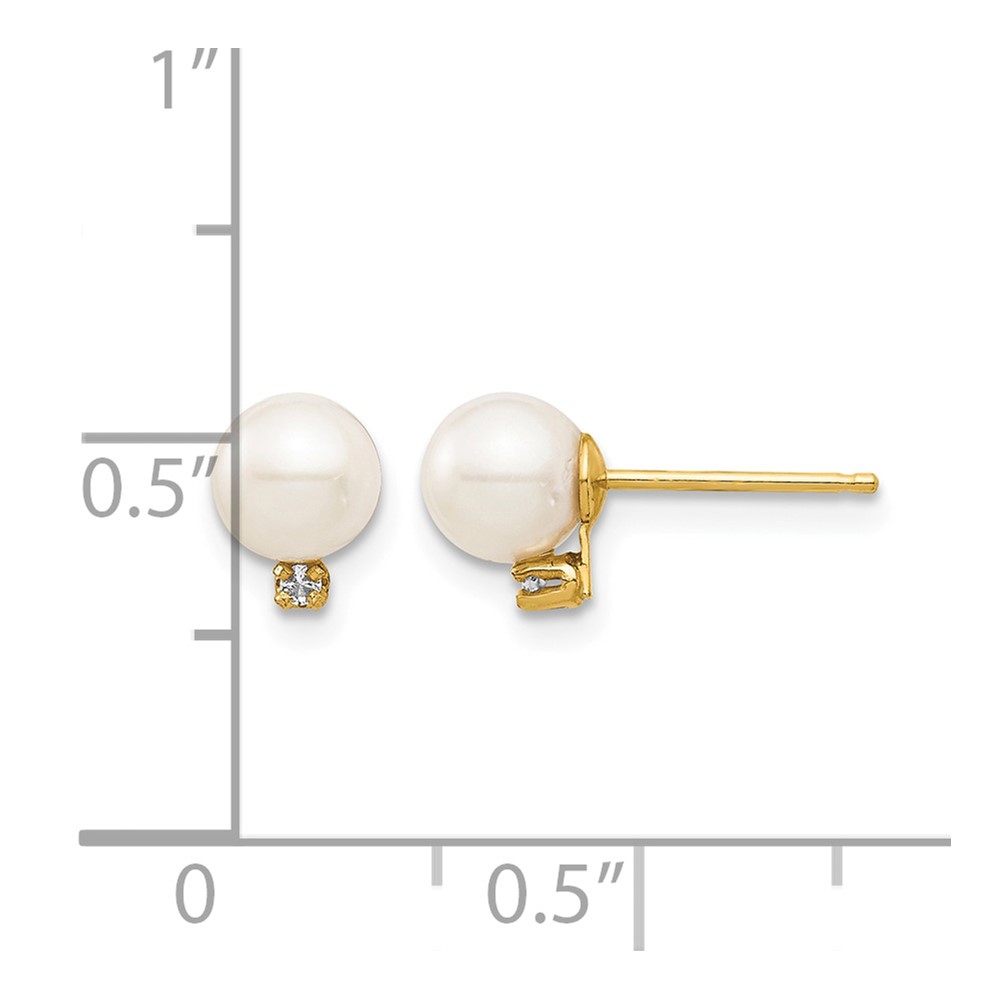 14k Madi K 5-6mm White Round Freshwater Cultured Pearl and .02 Carat Diamond Post Earrings with Silicone Backs (SE2943)