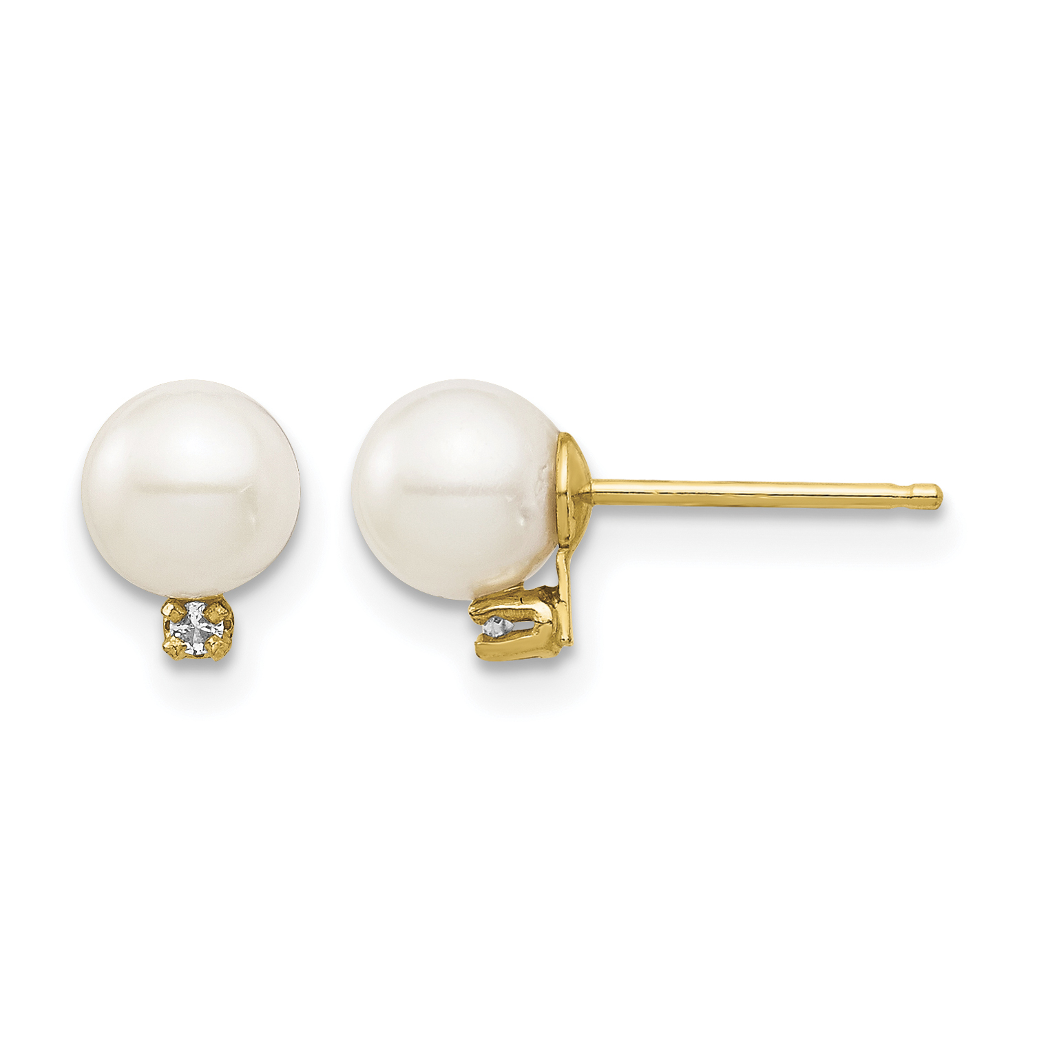 14k Madi K 5-6mm White Round Freshwater Cultured Pearl and .02 Carat Diamond Post Earrings with Silicone Backs (SE2943)