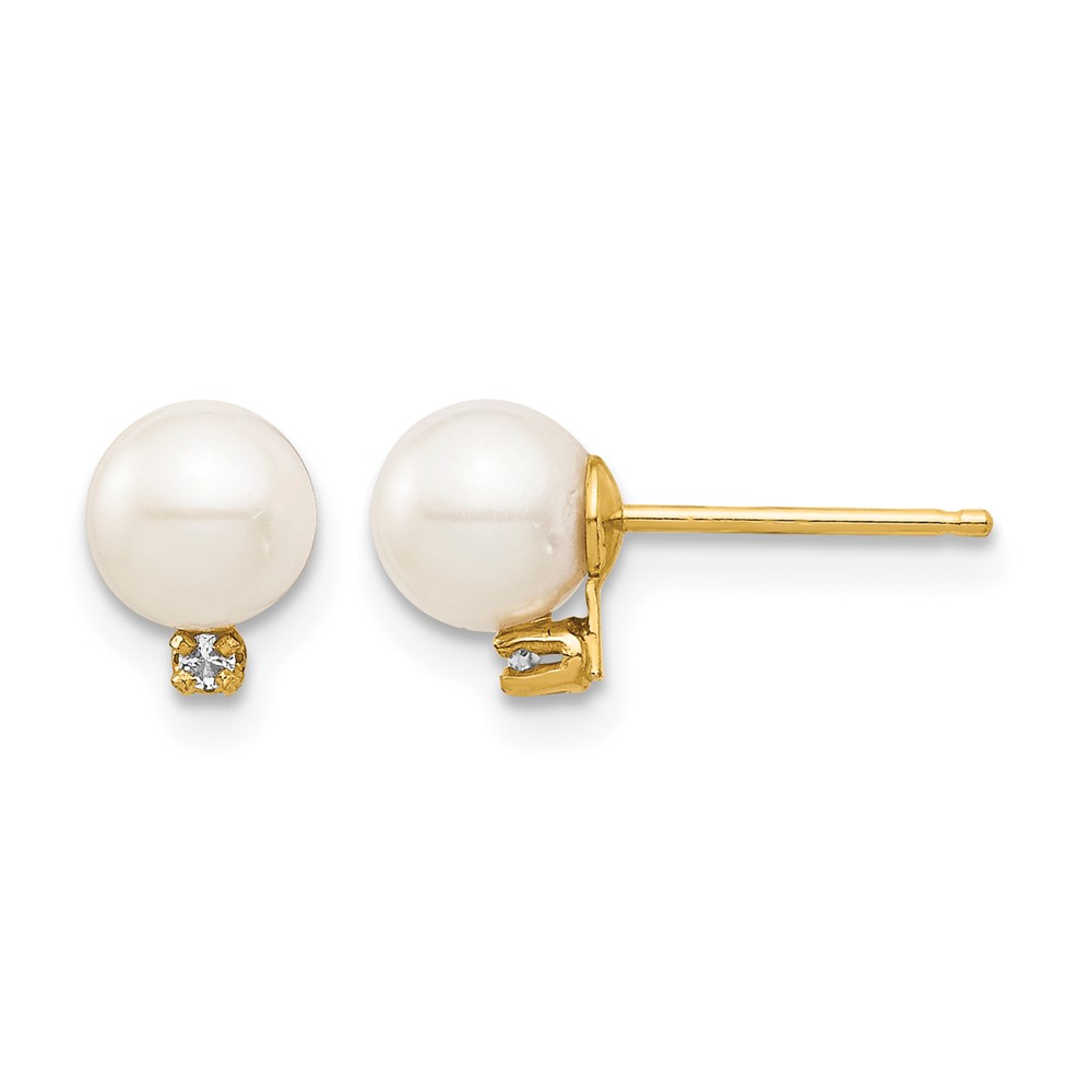 14k Madi K 5-6mm White Round Freshwater Cultured Pearl and .02 Carat Diamond Post Earrings with Silicone Backs (SE2943)