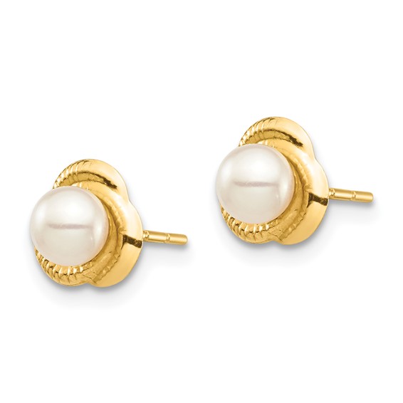 14k Madi K 4-5mm White Button Freshwater Cultured Pearl Love Knot Post Earrings with Silicone Backs