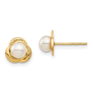 14k Madi K 4-5mm White Button Freshwater Cultured Pearl Love Knot Post Earrings with Silicone Backs