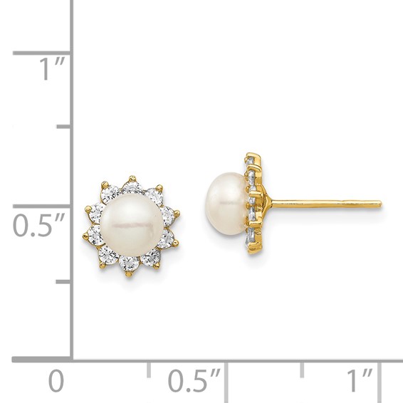 14k Madi K 5-6mm White Button Freshwater Cultured Pearl and CZ Post Earrings with Silicone Backs