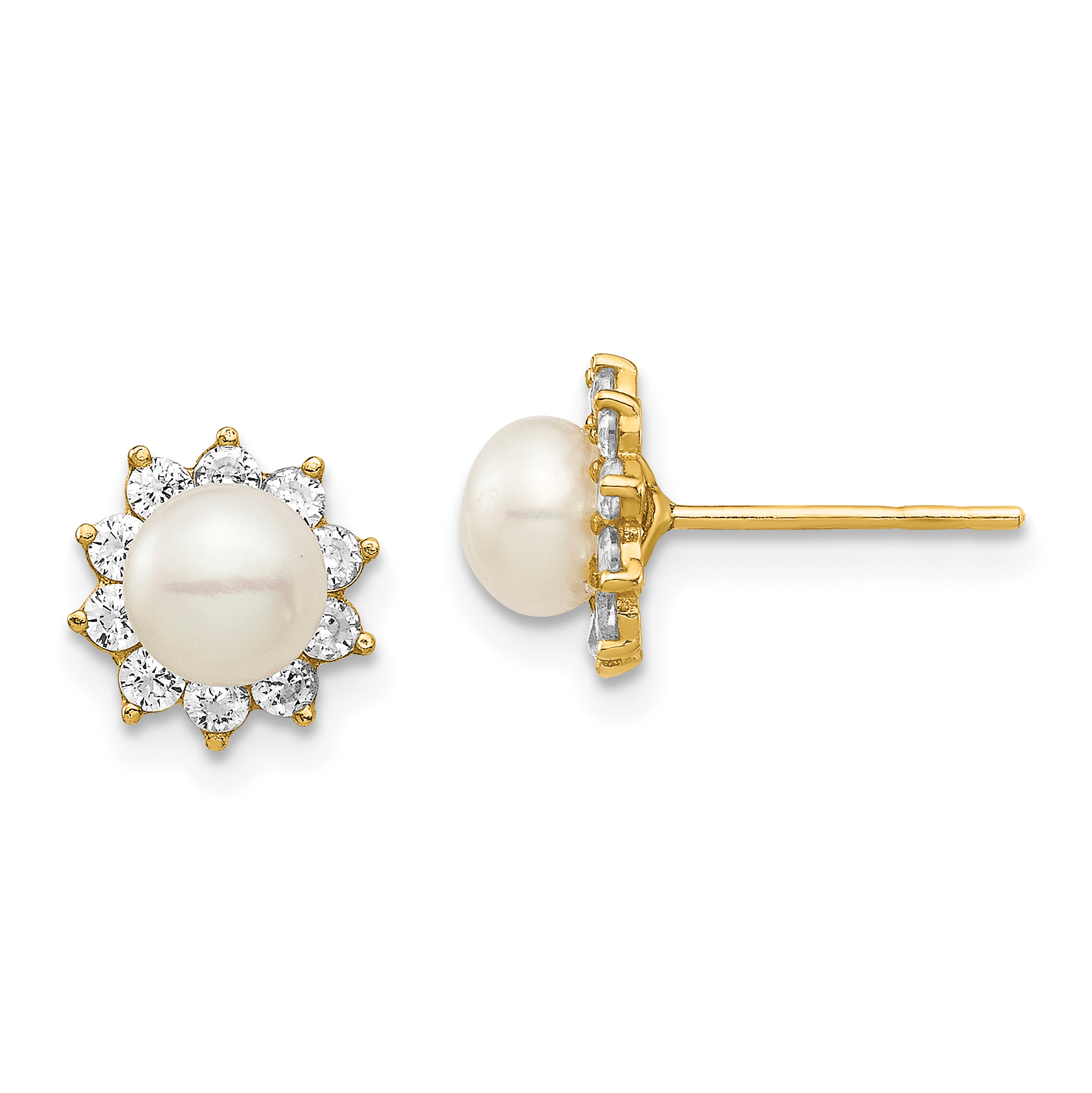 14k Madi K 5-6mm White Button Freshwater Cultured Pearl and CZ Post Earrings with Silicone Backs (SE2955)