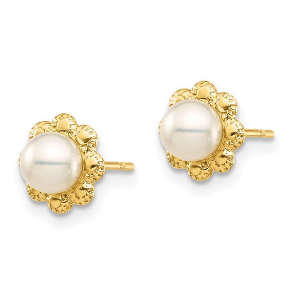 14k Madi K 4-5mm White Button Freshwater Cultured Pearl Flower Post Earrings with Silicone Backs