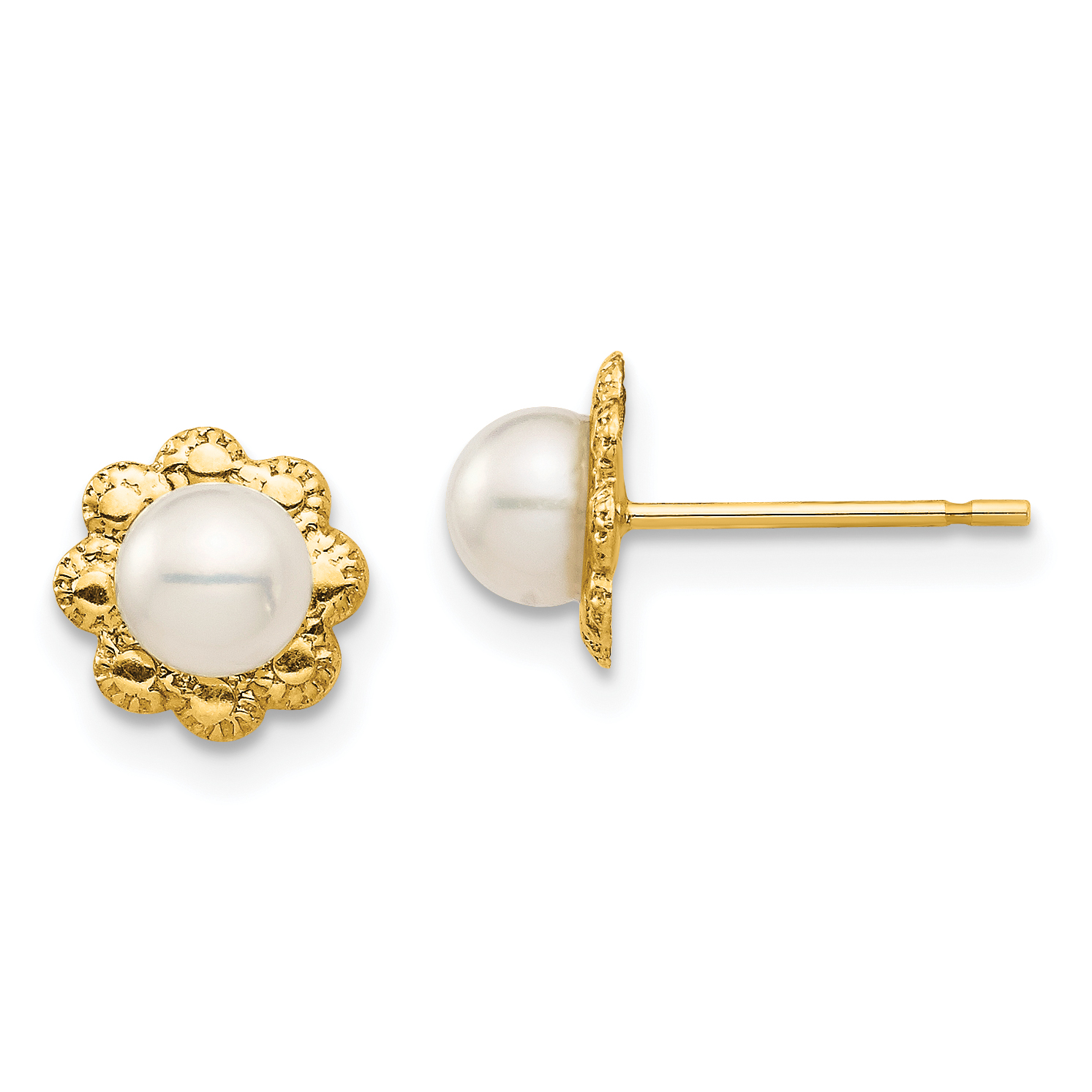 14k Madi K 4-5mm White Button Freshwater Cultured Pearl Flower Post Earrings with Silicone Backs (SE2959)