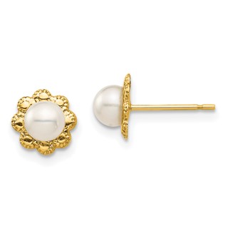 14k Madi K 4-5mm White Button Freshwater Cultured Pearl Flower Post Earrings with Silicone Backs