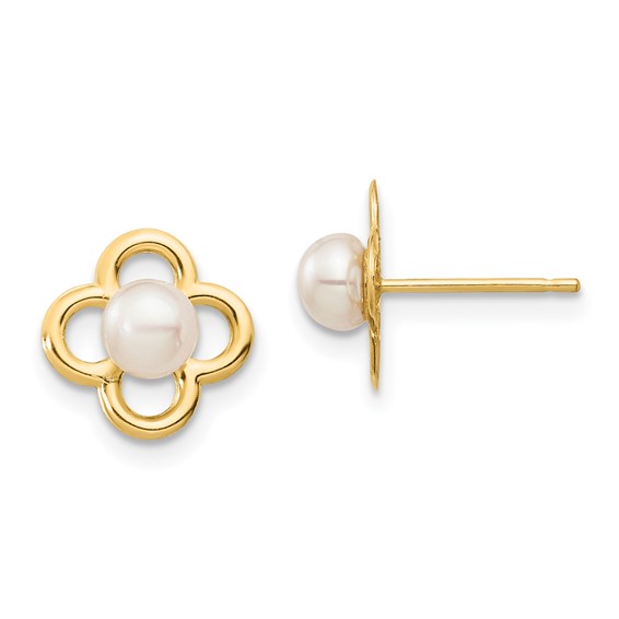 14k Madi K 4-5mm White Button Freshwater Cultured Pearl Quatrefoil Post Earrings with Silicone Backs