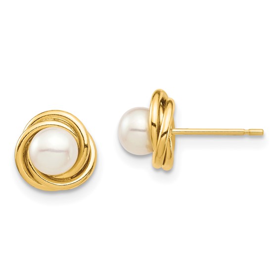 14k Madi K 4-5mm White Button Freshwater Cultured Pearl Love Knot Post Earrings with Silicone Backs