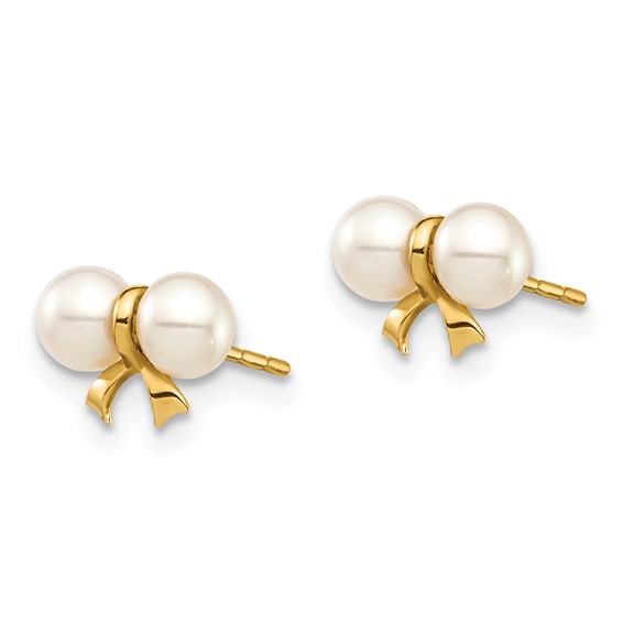 14k Madi K 3-4mm White Round Freshwater Cultured Pearl Bow Post Earrings with Silicone Backs