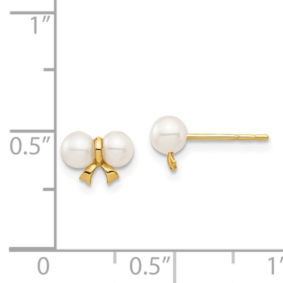 14k Madi K 3-4mm White Round Freshwater Cultured Pearl Bow Post Earrings with Silicone Backs