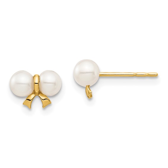 14k Madi K 3-4mm White Round Freshwater Cultured Pearl Bow Post Earrings with Silicone Backs