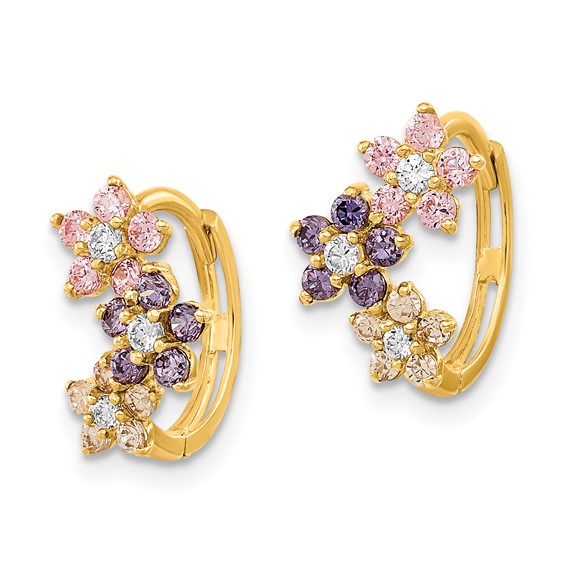 14K Madi K Flower Multicolor CZ Childrens Hinged Hoop Earrings