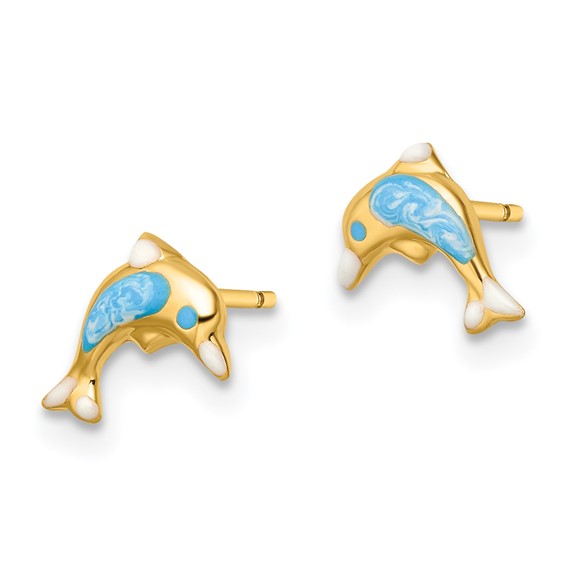 14k Madi K Polished Blue Enameled Dolphin Childrens Post Earrings