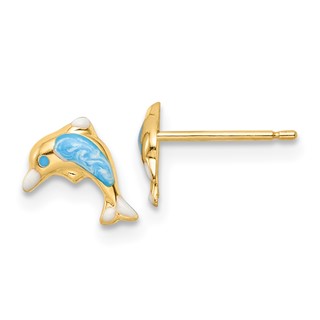 14k Madi K Polished Blue Enameled Dolphin Childrens Post Earrings