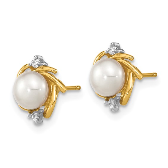 14k Madi K 5-6mm White Button Freshwater Cultured Pearl and .04 Carat Diamond Post Earrings