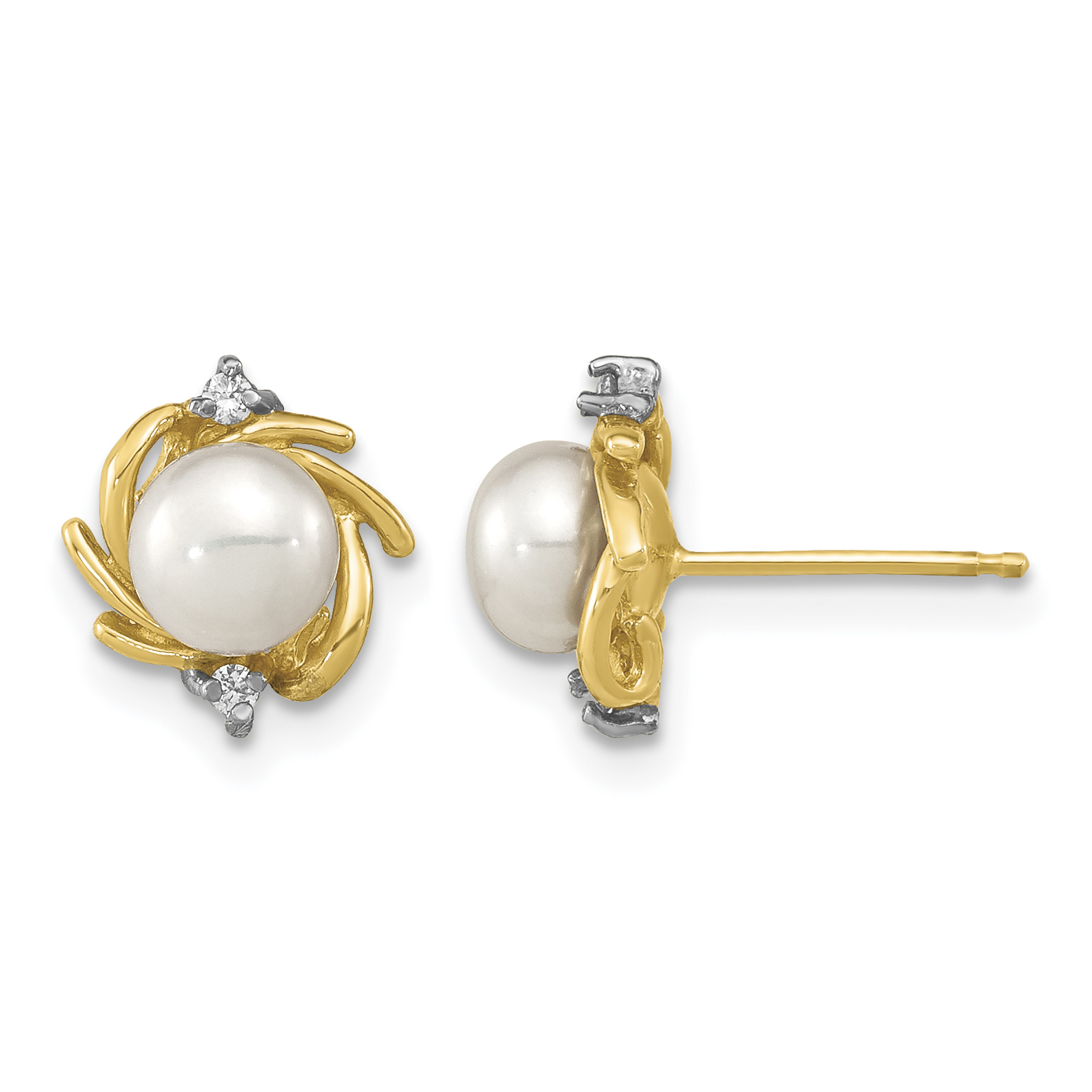 14k Madi K 5-6mm Button White Freshwater Cultured Pearl and .04 Carat Diamond Post Earrings (SE3036)