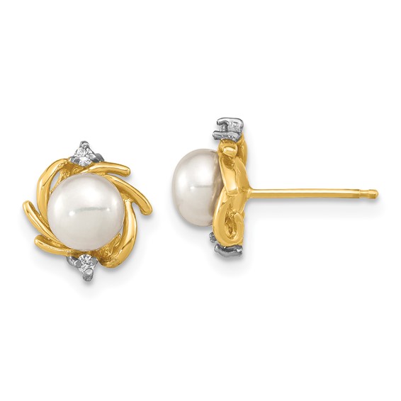 14k Madi K 5-6mm White Button Freshwater Cultured Pearl and .04 Carat Diamond Post Earrings