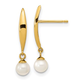 14K Madi K Polished 3-4mm White Near Round Freshwater Cultured Pearl Drop Post Earrings
