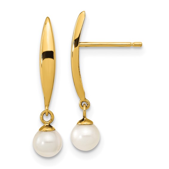 14K Madi K Polished 3-4mm White Near Round Freshwater Cultured Pearl Drop Post Earrings