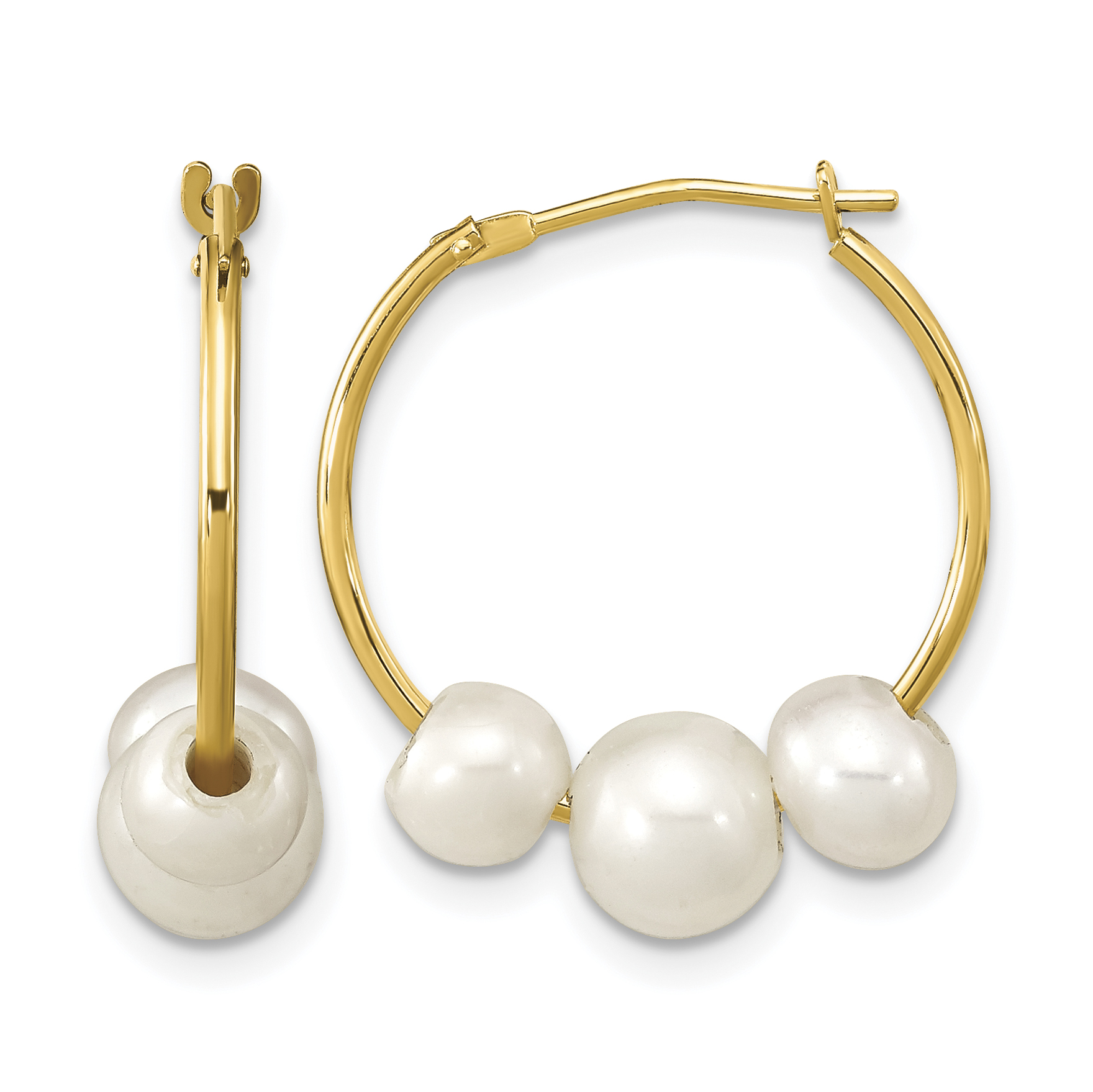 14k Madi K 5-7mm White Round Freshwater Cultured 3-Pearl Hoop Earrings (SE3046)