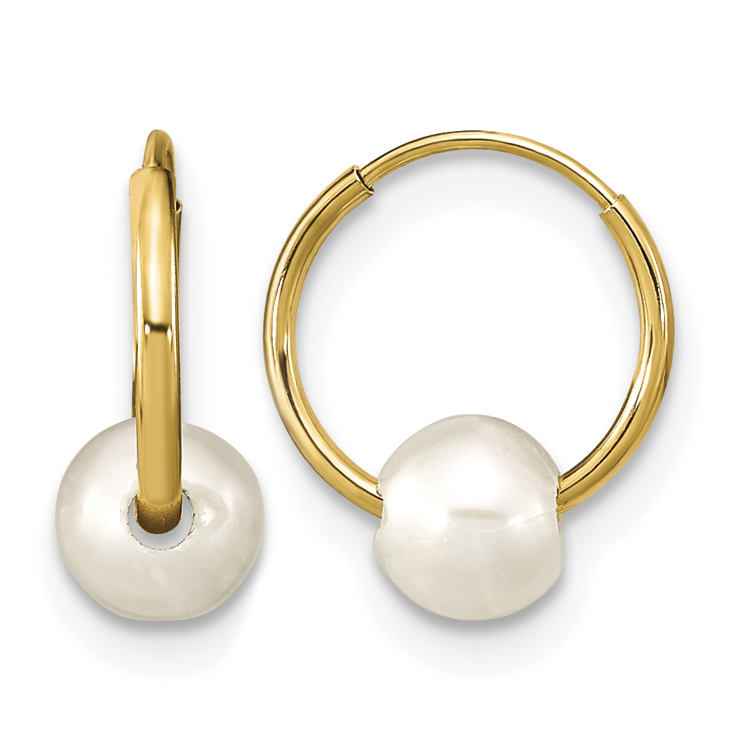 14k Madi K 5-6mm White Round Freshwater Cultured Pearl Hoop Earrings (SE3049)