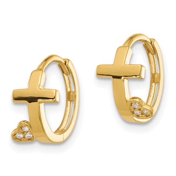 14k Madi K Polished Cross with CZ Heart Hinged Huggie Hoop Earrings