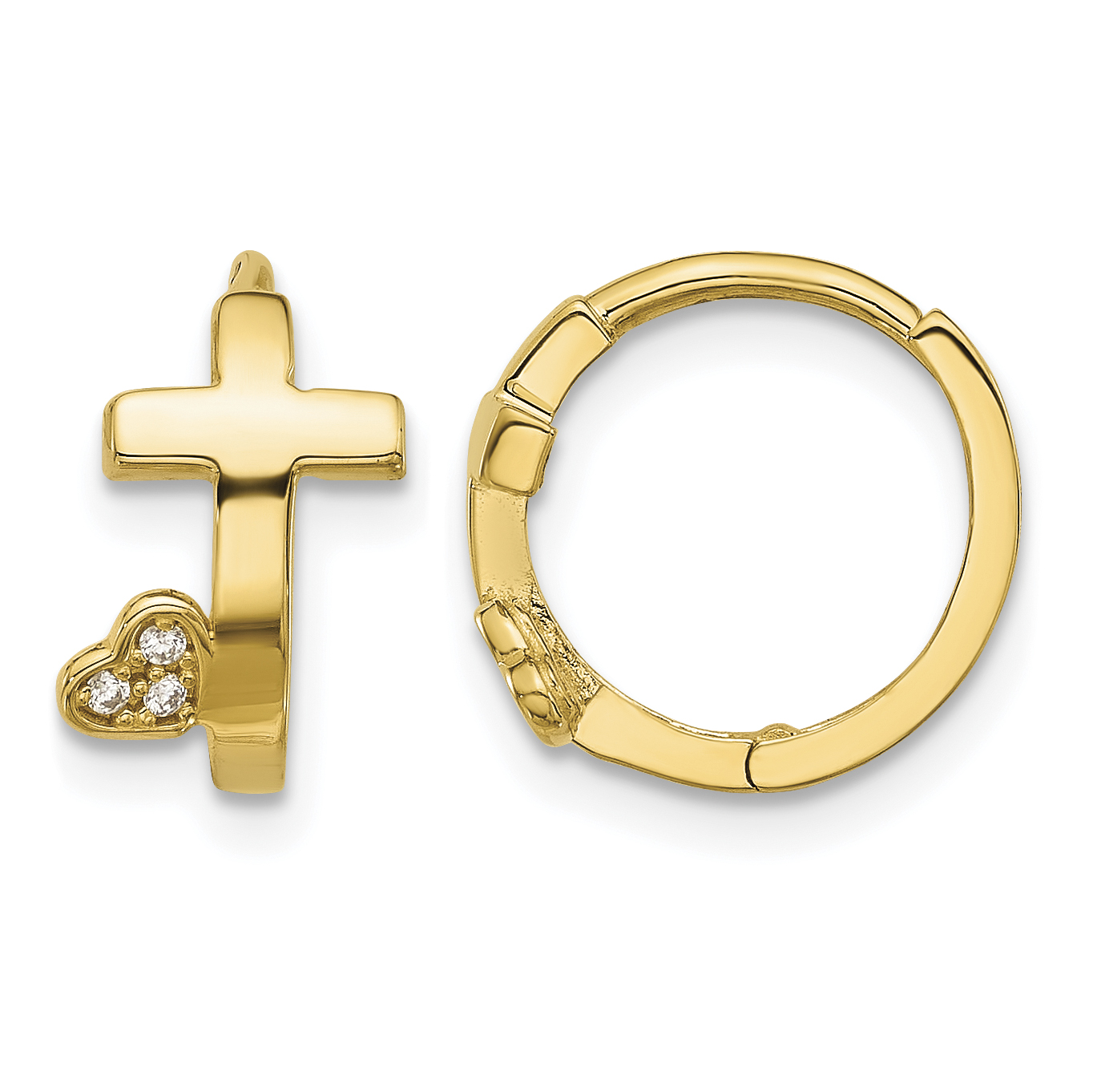 14k Madi K Polished Cross w/CZ Heart Hinged Huggie Hoop Earrings (SE3051)
