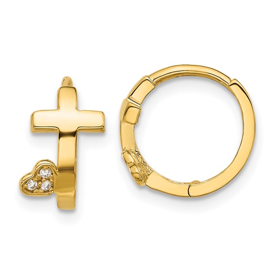 14k Madi K Polished Cross with CZ Heart Hinged Huggie Hoop Earrings