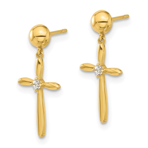 14k Madi K Polished CZ Cross Dangle Childrens Post Earrings