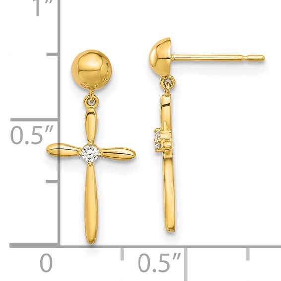 14k Madi K Polished CZ Cross Dangle Childrens Post Earrings