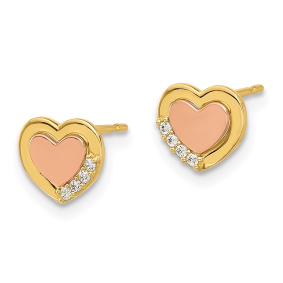 14k Madi K Two-tone Polished CZ 7.00mm Heart Childrens Post Earrings