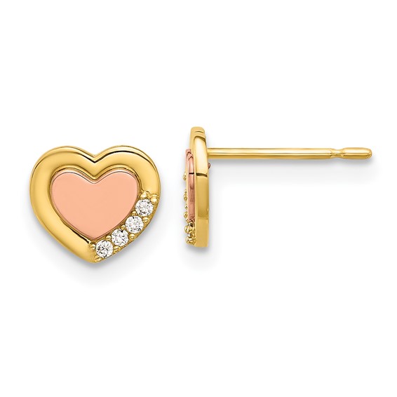 14k Madi K Two-tone Polished CZ 7.00mm Heart Childrens Post Earrings