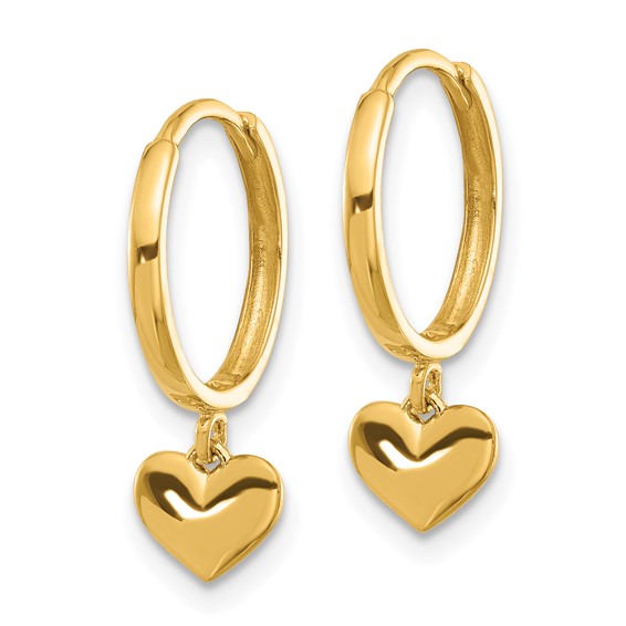 14k Madi K Polished Heart Dangle Childrens Hinged Hoop Earrings