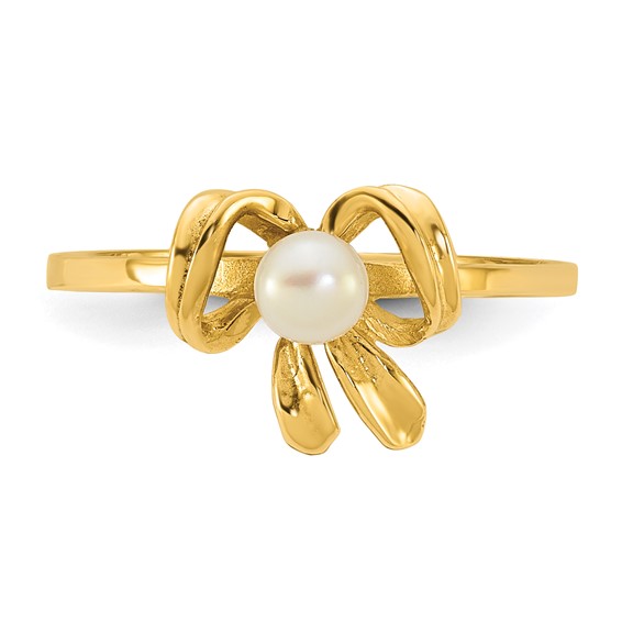 14k Madi K Polished 3-4mm Button White Freshwater Cultured Pearl Bow Size 4 Childrens Ring
