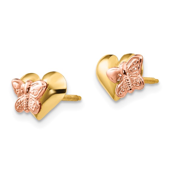 14k and Rose Rhodium Madi K Polished Butterfly Heart Childrens Screwback Earrings