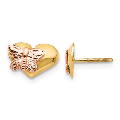 14K and Rose Rhodium Madi K Polished Butterfly Heart Screwback Earrings