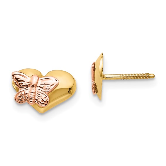 14k and Rose Rhodium Madi K Polished Butterfly Heart Childrens Screwback Earrings