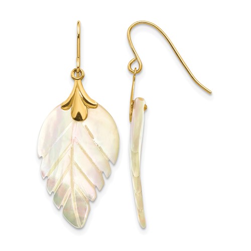 14K Yellow Gold Madi K Mother of Pearl Leaf Dangle French Hook Earrings