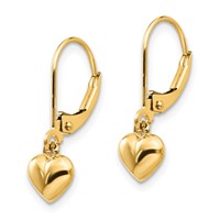 14K Yellow Gold Madi K Puffed Polished Heart Drop Leverback Earrings view 2