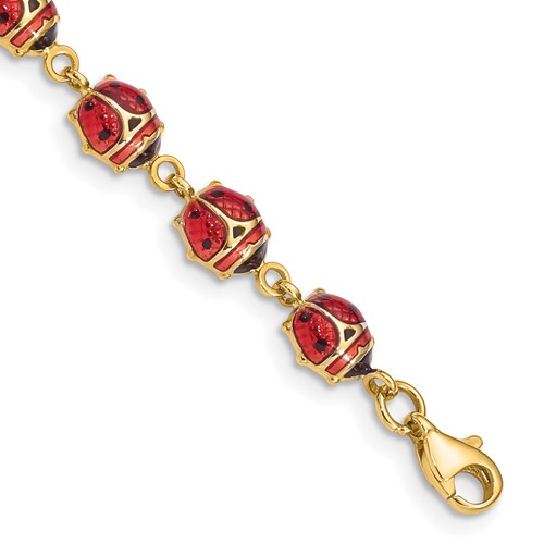 14K Yellow Gold Red and Black Enamel and Resin Ladybug Bracelet, 7"