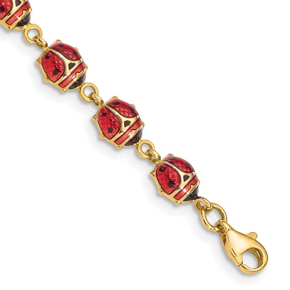 14K Red and Black Enamel and Resin Ladybug 7 inch Bracelet
