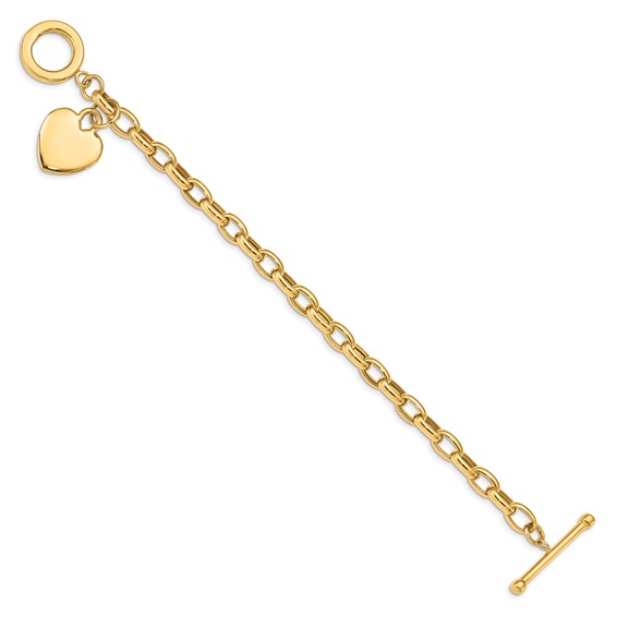 14k Engravable 26x18mm Solid Dangle Heart Charm and Hollow Chain 7.5 inch Toggle Bracelet