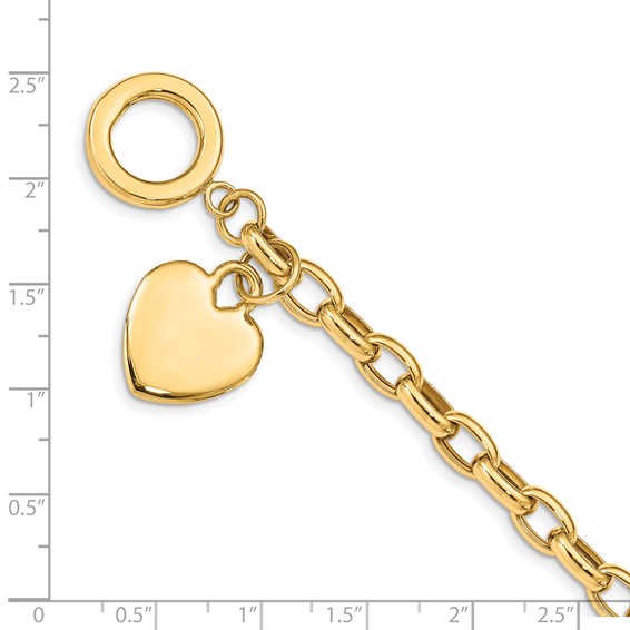 14k Engravable 26x18mm Solid Dangle Heart Charm and Hollow Chain 7.5 inch Toggle Bracelet