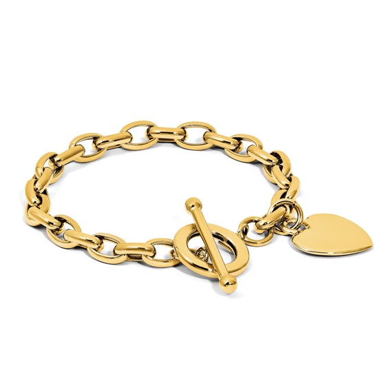14k Engravable 26x18mm Solid Dangle Heart Charm and Hollow Chain 7.5 inch Toggle Bracelet