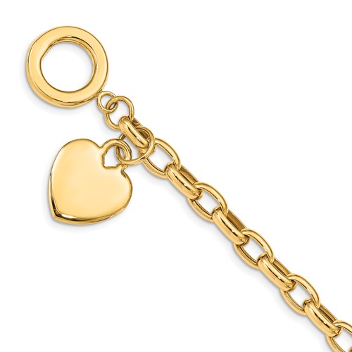 14K Engravable 26x18mm Solid Dangle Heart Charm and Hollow Chain 7.5 Inch Toggle Bracelet