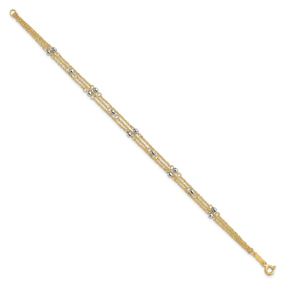 14K Two-Tone Triple Strand Beaded 7.25 inch Bracelet