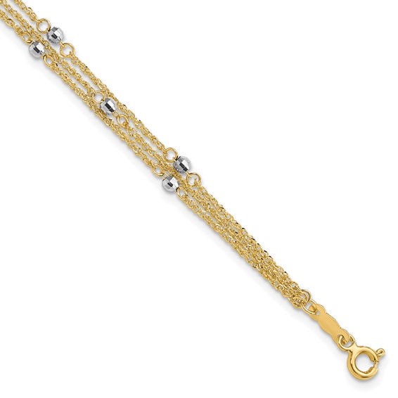 14K Two-Tone Triple Strand Beaded 7.25 inch Bracelet