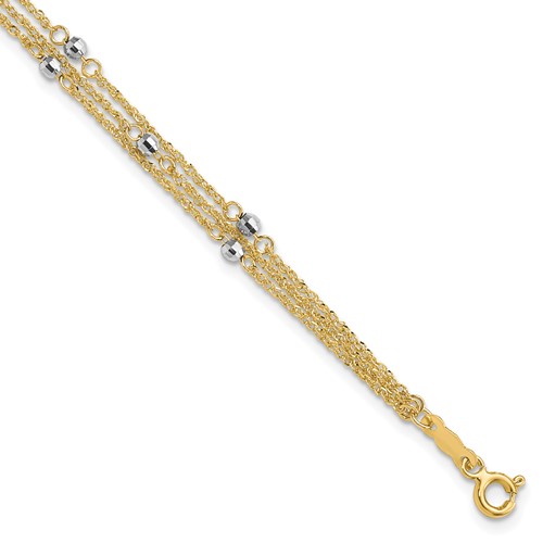 14K Two-Tone Triple Strand Beaded Bracelet, 7.25"